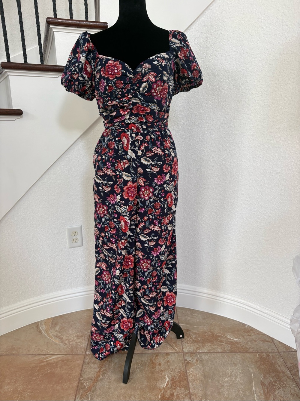 Navy Floral Puff Sleeve Jumpsuit